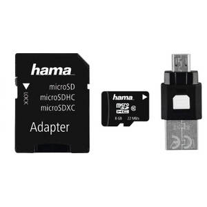Card Hama microSDHC 8GB 22 Mbs Clasa 10 cu adaptor SD si card OTG USB
