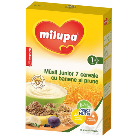 Cereale copii Milupa Musli Junior 7 Cereale fara lapte cu banane si prune 250g de la 1 an