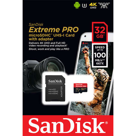 Card Sandisk Extreme Pro microSDHC 32GB 100Mbs A1 Clasa 10 V30 UHS-I U3 cu adaptor SD