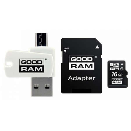 Card Goodram M404 MicroSD 16GB Clasa 4 cu Adaptor OTG USB 2.0 si Adaptor SD