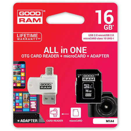 Card Goodram M1A4 MicroSD 16GB Clasa 10 cu Adaptor OTG USB 2.0 si Adaptor SD