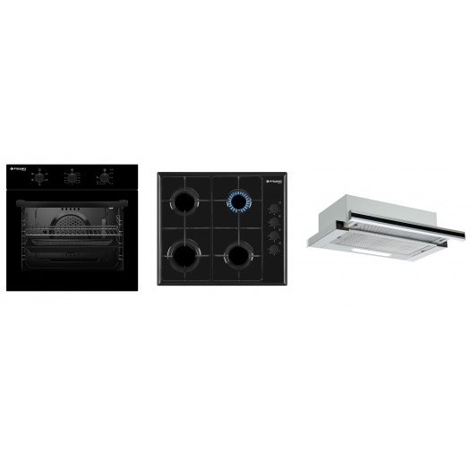 Pachet PYRBASE BLACK Cuptor electric incorporabil 5 functii Clasa A 61 L Timer Plita gaz Hota Metal emailat negru