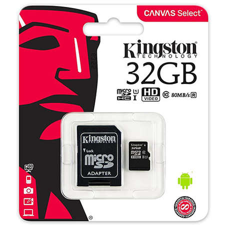 Card de memorie Kingston microSDHC Canvas Select 80R 32GB Clasa 10 UHS-I U1 80 Mbs cu adaptor SD