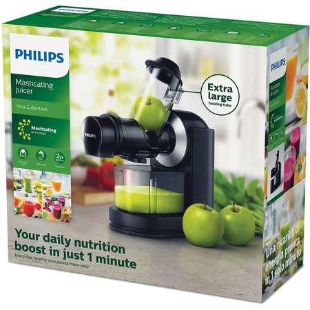 Storcator de fructe si legume prin presare la rece Philips HR1889/70 Recipient suc 1 litru Recipient pulpa 0.75 litri 150W Negru