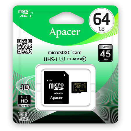 Card APACER microSDXC 64GB Clasa 10 UHS-I U1 cu adaptor SD