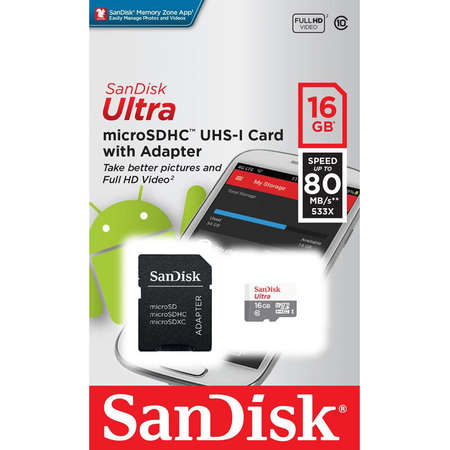 Card Sandisk Ultra Android microSDHC 16GB 80MB Clasa 10 UHS-I + Adaptor SD