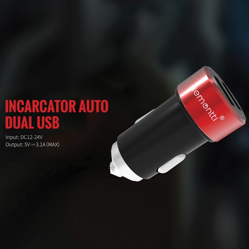 Incarcator auto Lemontti LIA2UTCNR3A 3.1A Dual USB Type-C Negru / Roșu — imaginea 4