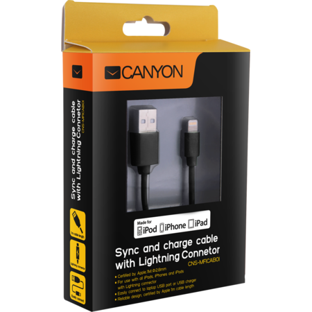 Cablu de date Canyon CNS-MFICAB01B Ultra-compact MFI 1m Negru