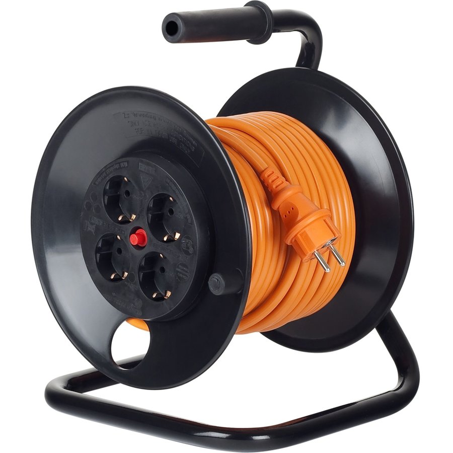 Prelungitor cu tambur 4xSchuko, protectie copii, termosiguranta, cordon HO5VV-F 3G2.5, 50m, Orange