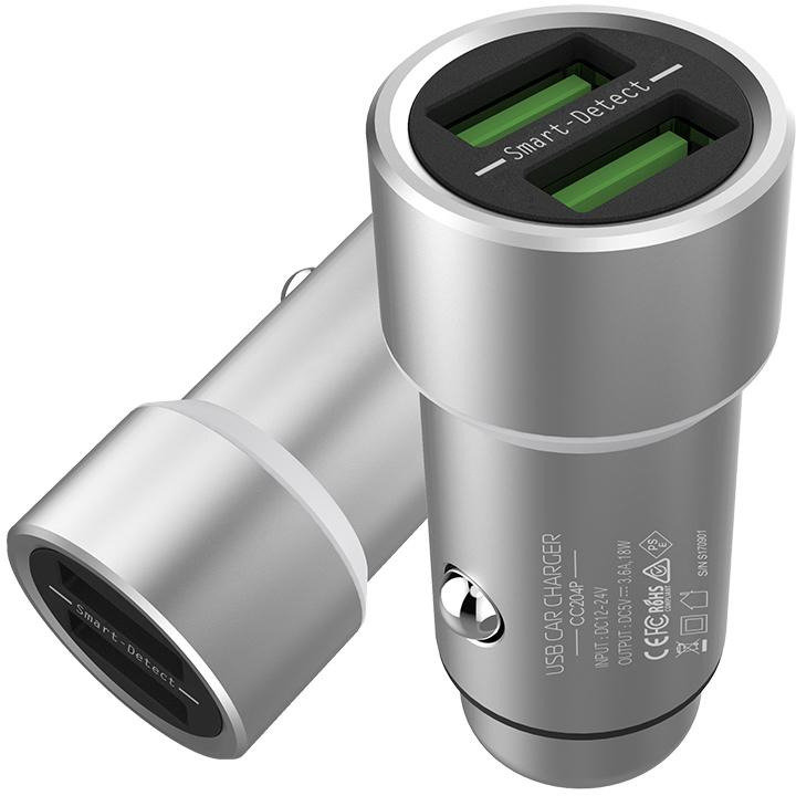 Incarcator auto CC202P 3.6A 2xUSB Argintiu