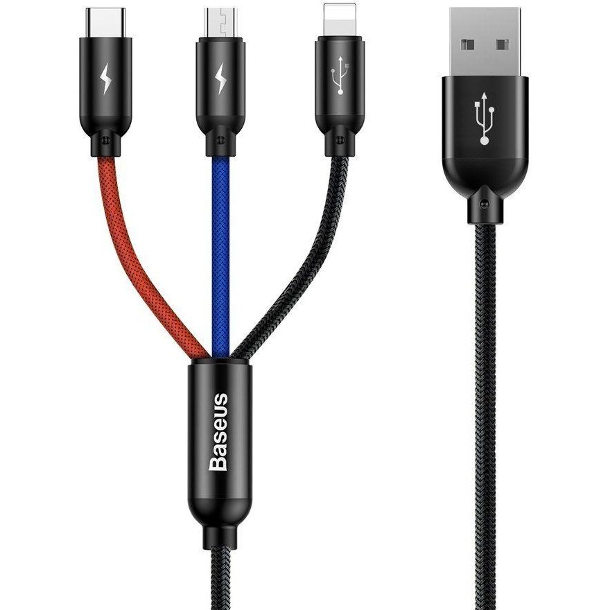 Cablu de date 3 in 1 USB Type-C/Lightning/Micro-USB 1.2m Negru