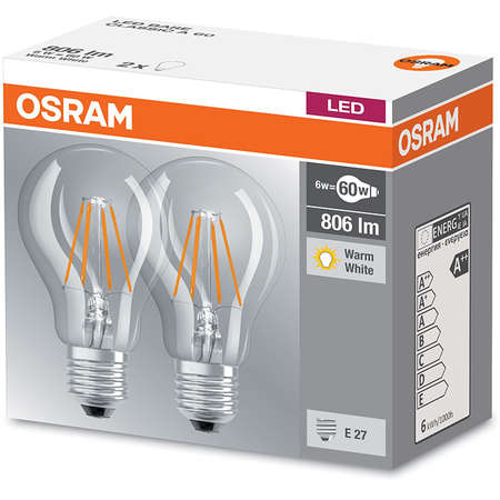 Set 2 becuri LED Osram 7W E27 A60 2700K lumina calda 806 lumeni A++