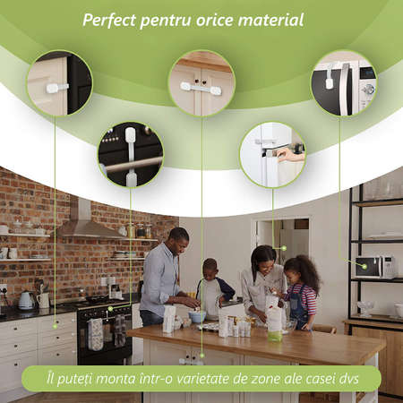 Sistem siguranta copii NEX CARE®, sistem de blocare sertare, dulap, frigider, congelator, previne deschiderea accidentala, adeziv puternic 3M, fara urme de indepartare, lungime ajustabila, set 6 buc, alb