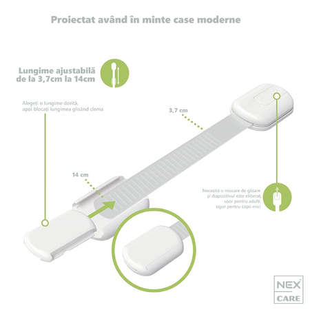 Sistem siguranta copii NEX CARE®, sistem de blocare sertare, dulap, frigider, congelator, previne deschiderea accidentala, adeziv puternic 3M, fara urme de indepartare, lungime ajustabila, set 6 buc, alb