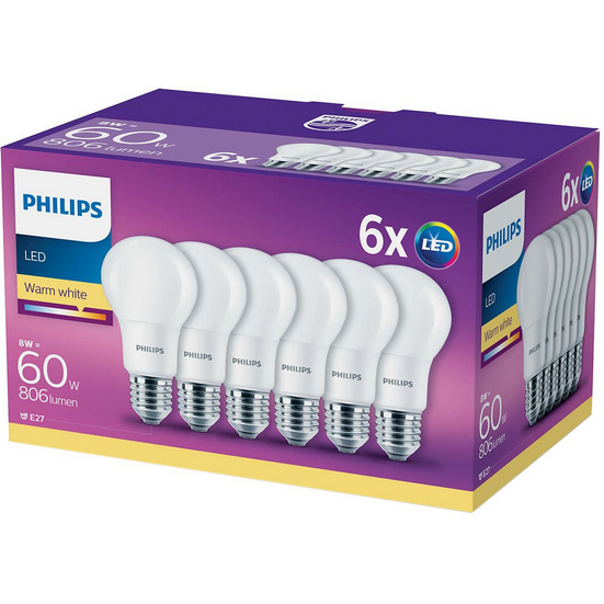Set 6 becuri LED E27 8W 60W 806 lm A+ Lumina calda