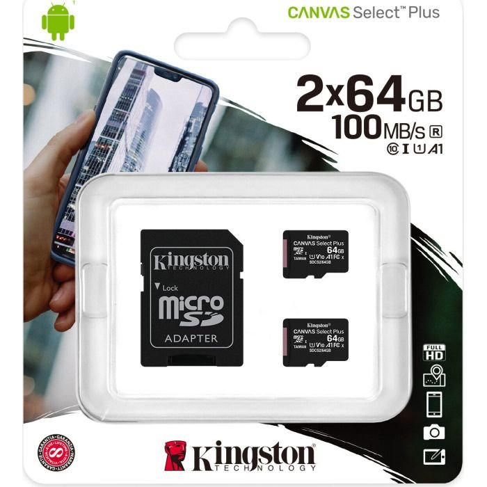 Card Canvas Select Plus R100 64GB MicroSDHC Clasa 10 UHS-I U1 Two Pack + Adaptor SD