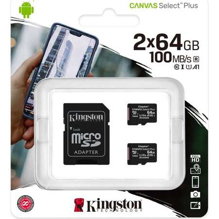 Card Kingston Canvas Select Plus R100 64GB MicroSDHC Clasa 10 UHS-I U1 Two Pack + Adaptor SD