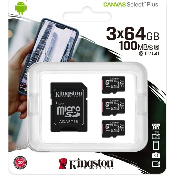 Card Canvas Select Plus R100 64GB MicroSDHC Clasa 10 UHS-I U1 Three Pack + Adaptor SD