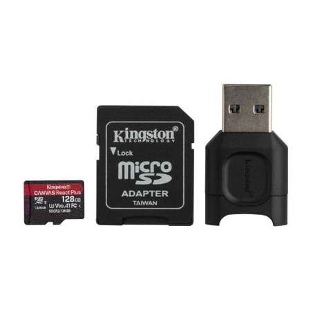 Kit Card de memorie Kingston Canvas React Plus 128GB MicroSD Clasa 10 + Card Reader USB Black