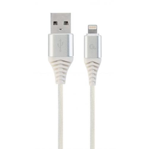 Cablu de date Premium Cotton Braided USB - Lightning 1m White Silver