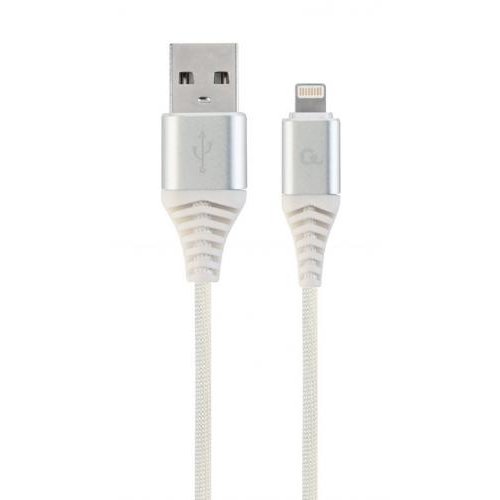 Cablu de date Premium Cotton Braided USB - Lightning 2m White Silver