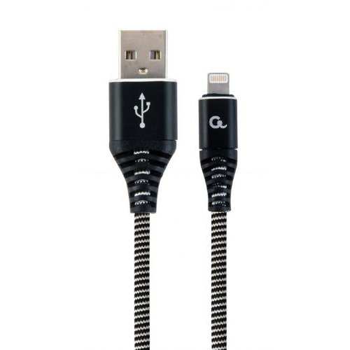 Cablu de date Premium Cotton Braided USB - Lightning 2m Black White