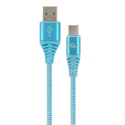 Cablu de date Premium Cotton Braided USB-C - Lightning 1m Blue White