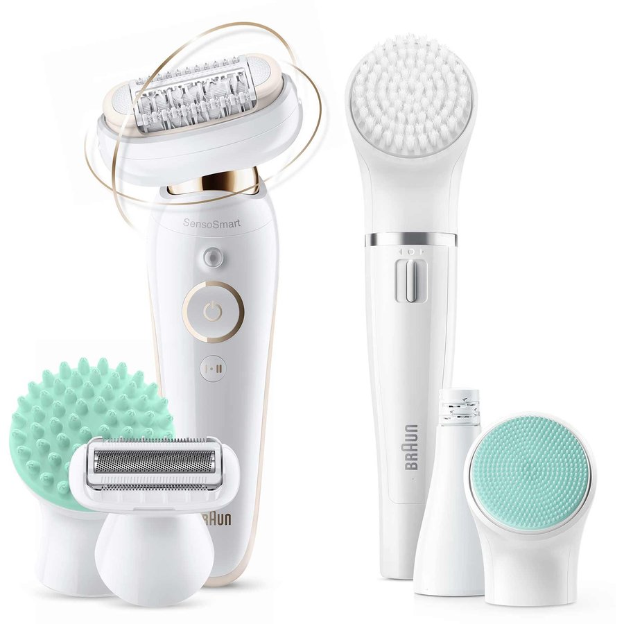 Set de Infrumusetare Epilator Silk-epil 9300 Wet & Dry Tehnologie SensoSmart Epilator facial Alb/Auriu