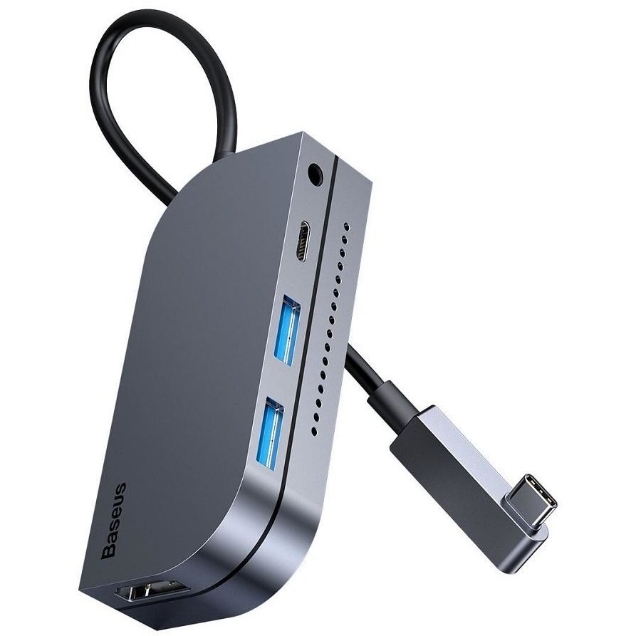 Adaptor HUB aluminiu 6-in-1 USB Type-C - 1x USB Type-C 2x USB 3.0 1x HDMI 4K 1x microSD 1x Mini Jack 3.5mm