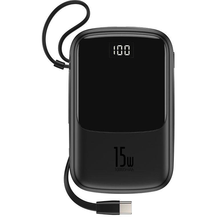 Baterie externa portabila cu cablu USB Type-C QPOW Power Bank 10000 mAh Black