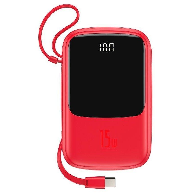 Baterie externa portabila cu cablu USB Type-C QPOW Power Bank 10000 mAh Red