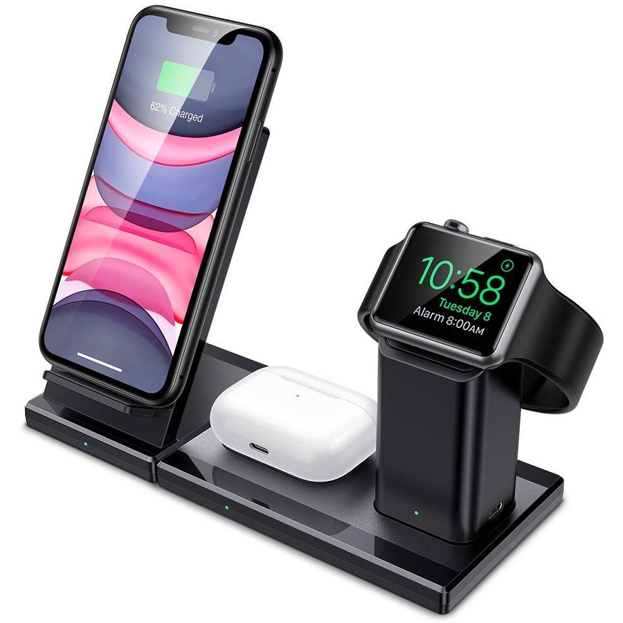 Statie de incarcare 3 in 1 Wireless Quick Charge Cablu USB-C Black