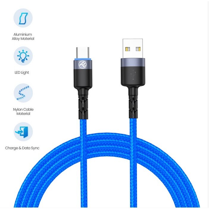Cablu de date Tellur Type-C cu LED 3A nailon 1.2m Albastru — imaginea 5