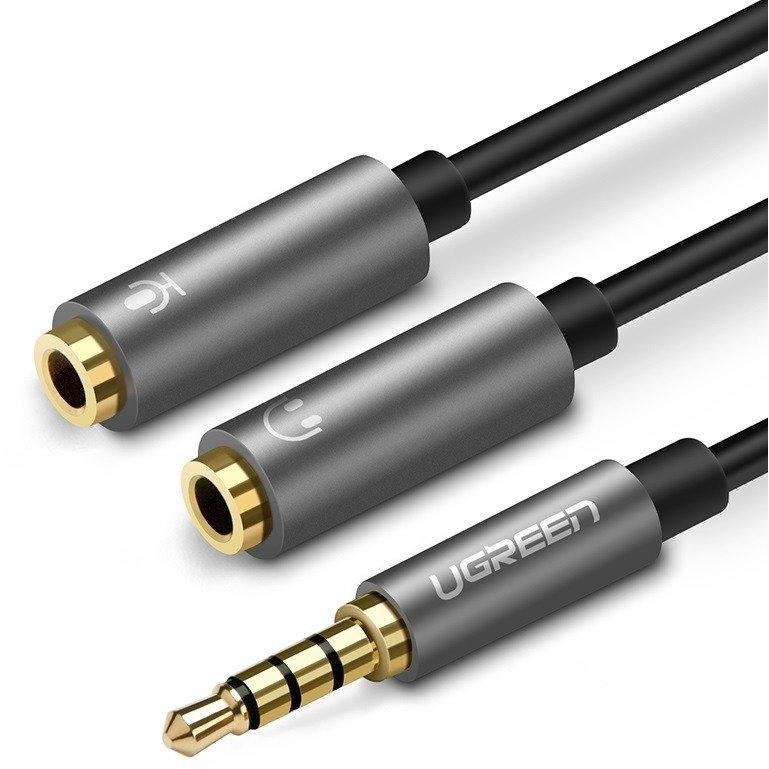 Splitter audio pentru casti si microfon tata mini jack 3.5 mm la 2x mama mini jack 3.5 mm 20cm Negru/Gri