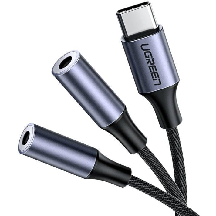 Cablu de date , 2x mama mini jack 3.5 mm si 1x tata USB-C, 25cm, Silver