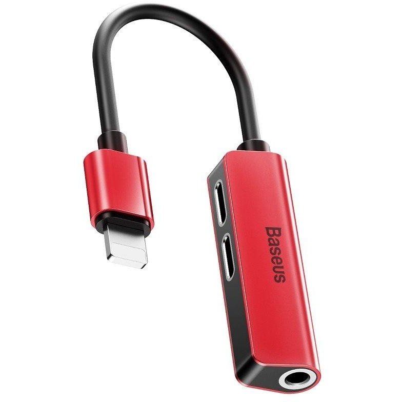 Adaptor L52 3 in 1 tata Lightning la 2x mama Lightning si jack 3.5 mm 2A Rosu