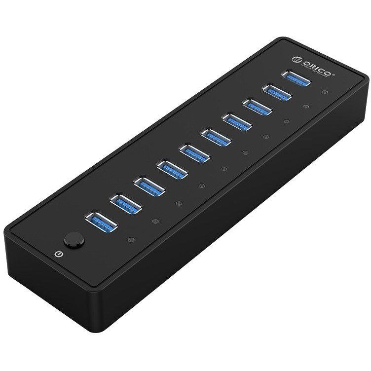 Adaptor HUB 10-in-1 P10 USB - 10x USB 3.0 LED Cablu USB 1m inclus Negru