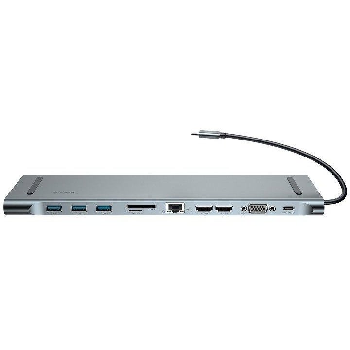 Adaptor HUB aluminiu 11-in-1 Enjoyment USB-C - 3x USB 3.0 1x SD 1x Micro SD 1x RJ45 2x HDMI 1x VGA 1x USB-C 1x Mini Jack 3.5 mm 20cm Silver