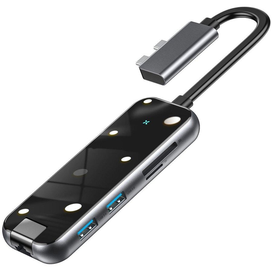 Adaptor HUB aluminiu 8-in-1 2x USB-C - 2x USB 3.0 2x HDMI 1x SD 1x Micro SD 1x USB-C 1x RJ45 Gri