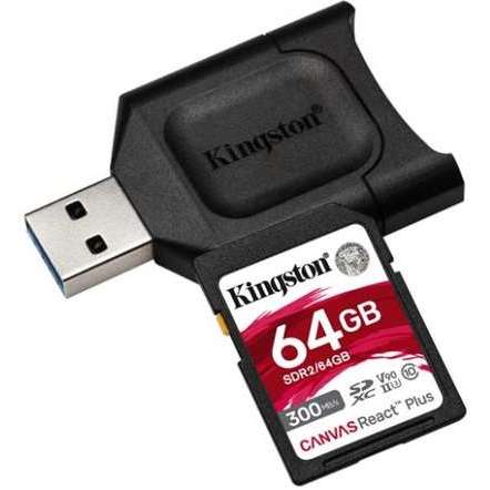 Kit Card de memorie Kingston Resigilat Canvas React Plus 64GB SDXC Clasa 10 + Card Reader USB Black