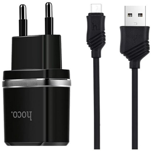 Incarcator retea C12 Smart dual USB cu cablu MicroUSB 2.4A Negru