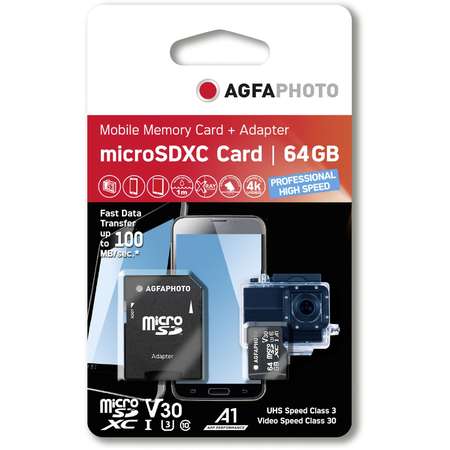 Card de memorie AgfaPhoto 64GB MicroSDXC Clasa 10 + Adaptor SD