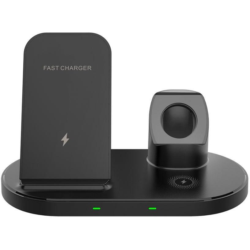 Statie de incarcare 3 in 1 W55 Wireless Quick Charge 15W Cablu USB-C 1m inclus Negru