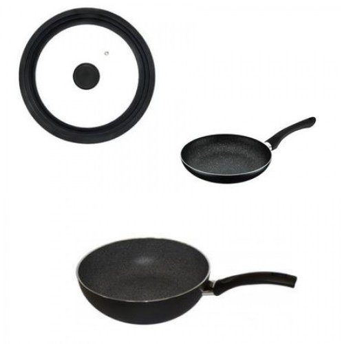 Set Tigaie Inalta Aluminiu 26 Cm + Tigaie Cu Maner 24 Cm + Capac Multisize 24/26/28 Cm Pepita Granit