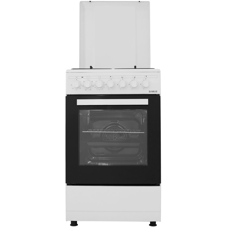 Aragaz SM562AENS 4 Arzatoare pe Gaz Cuptor Electric Grill Ventilator Timer Alb