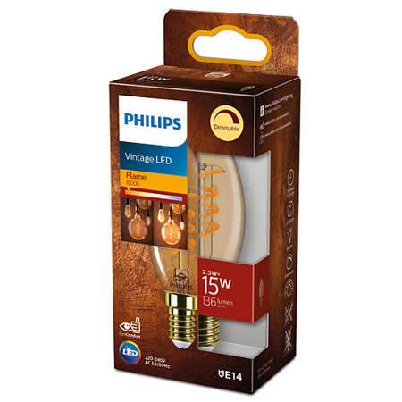 Bec Philips LED vintage Classic B35 intensitate luminosa reglabila E14 2.5W (15W) 136 lumeni lumina calda tip flacara (1800K) Auriu