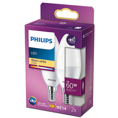 Bec Philips Pachet 2 becuri LED B38 E14 7W (60W) 806 lumeni lumina alba calda (2700K)