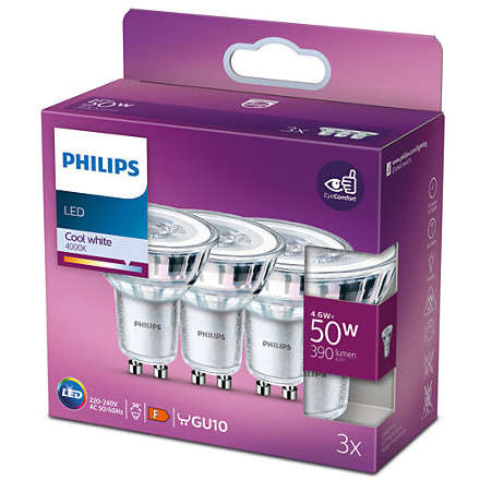 Bec Philips Pachet 3 becuri LED spot Classic GU10 4.6W (50W) 390 lumeni lumina alba rece (4000K)