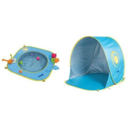 Pachet Minipiscina de plaja cu jucarii 123 SOARE + Cort UV50 Sun Set Albastru