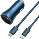 Golden, USB/USB-C, Quick Charge 3.0, Power Delivery 40W, Cablu USB-C - Lightning inclus, Albastru